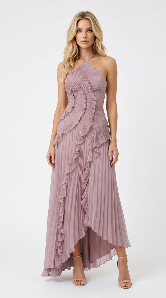 Amelia: Vestido malva plisado con volantes asimétricos en rosa