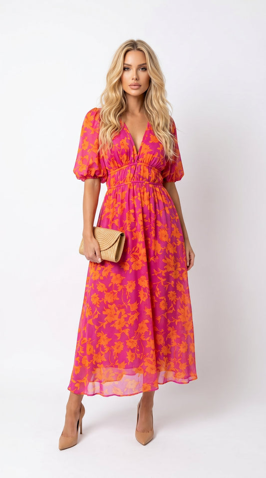 Olivia: Vestido midi con mangas abullonadas y cintura fruncida en naranja rosa