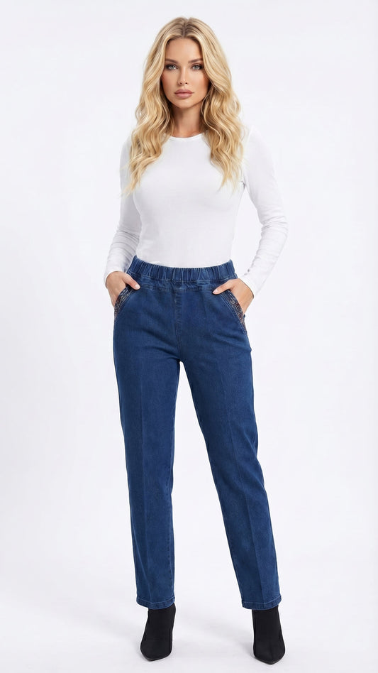 Nicole: Pantalón recto de efecto vaquero con cintura elástica en azul claro