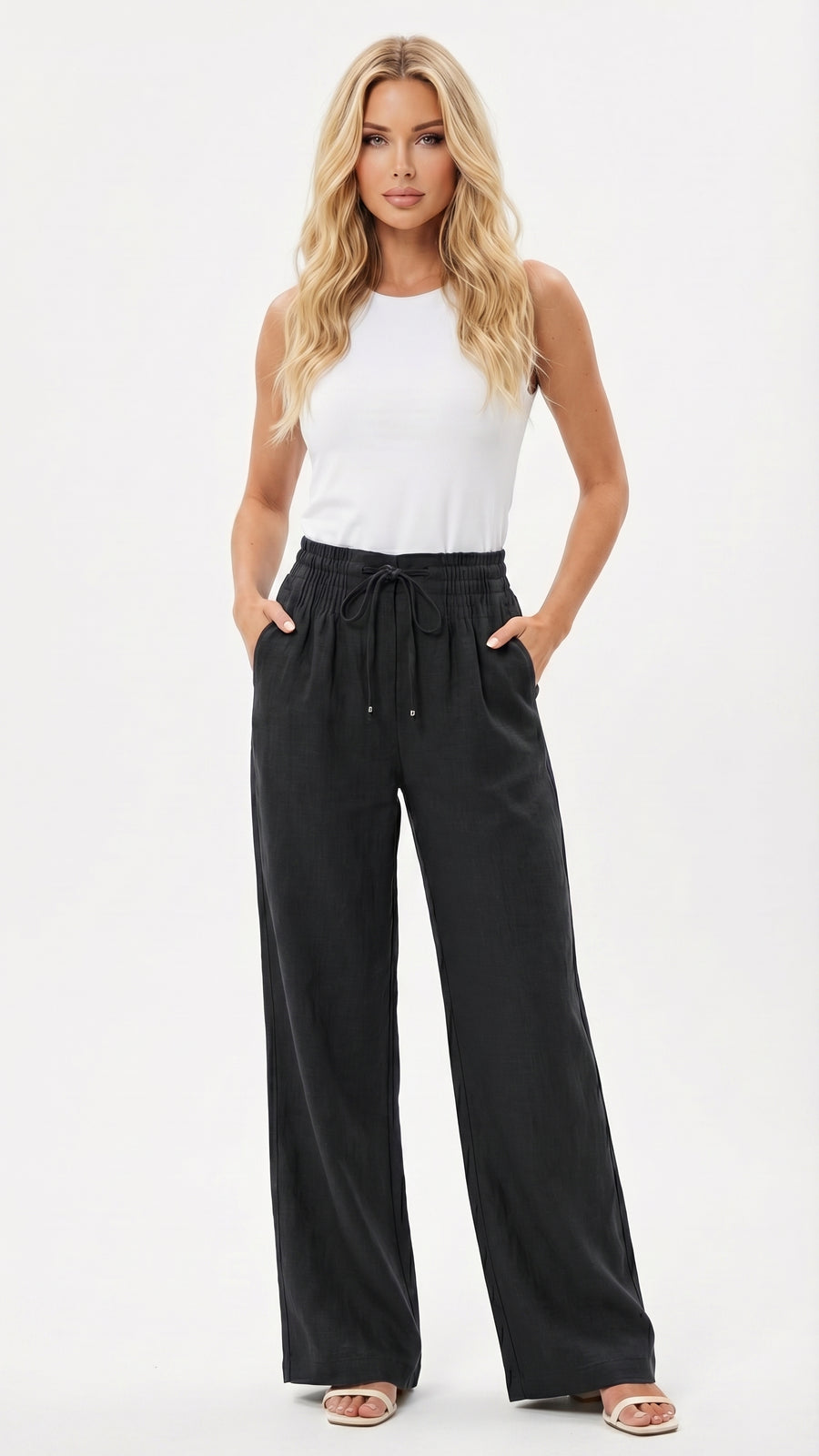 Ofelia: Pantalón ancho con cintura de nido de abeja en negro