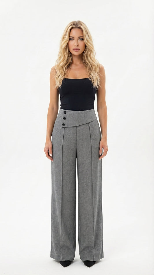 Remedios: Pantalón de pierna ancha con cintura cruzada en gris