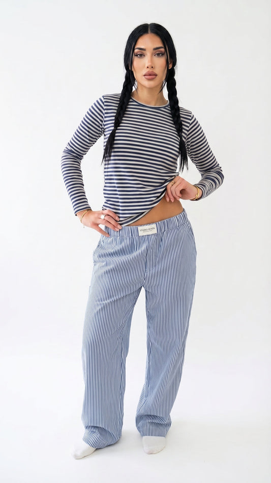 Sandra: Pantalón ancho de descanso con cintura elástica en azul