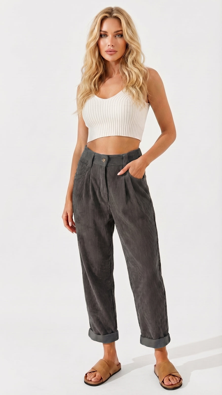 Sara: Pantalón de pana de pierna ancha en gris