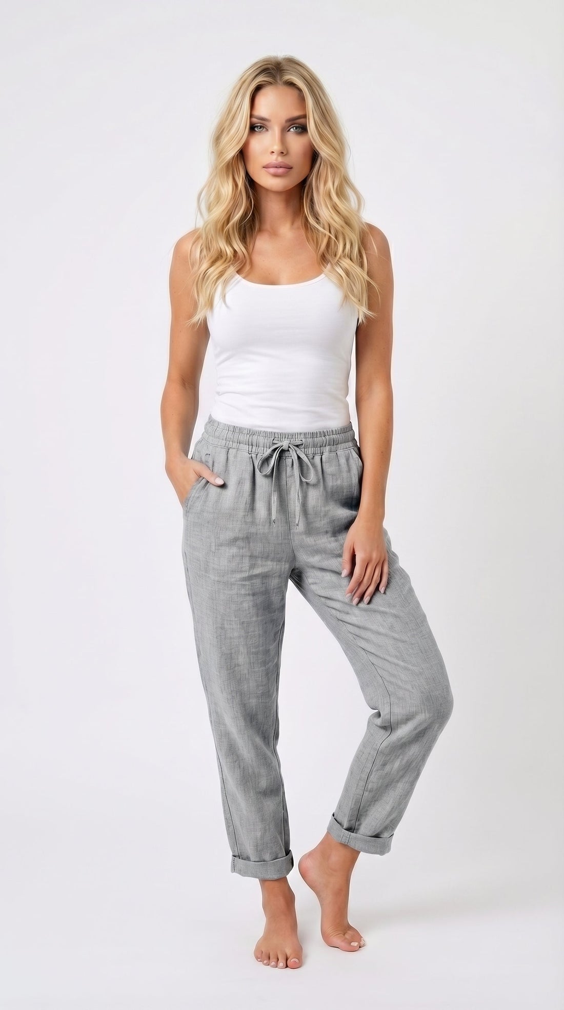 Andrea: Pantalón sastre de cuadros de pernera ancha en gris